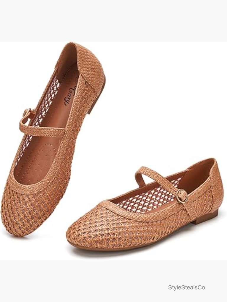 Woven Raffia Mary Jane Flats With Memory Foam Insole